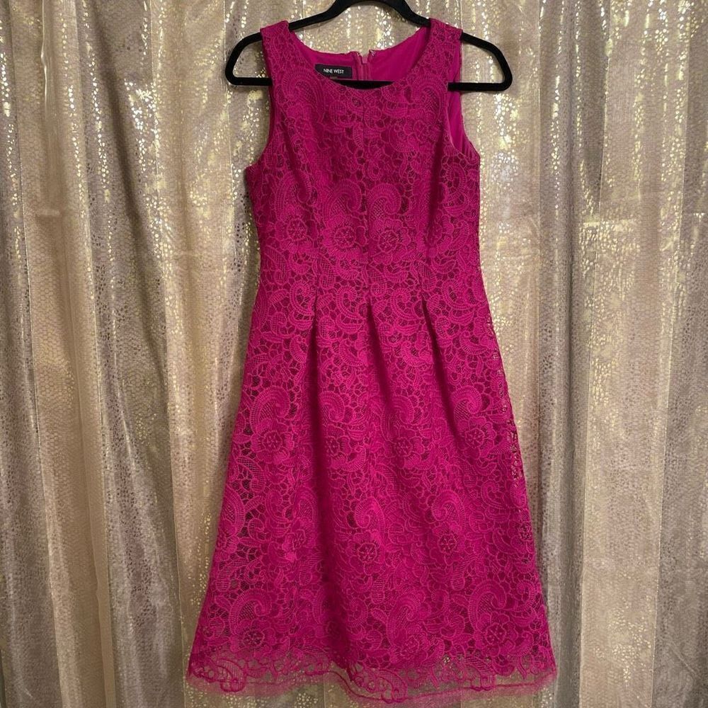 Nine‎ West Magenta Pink Floral Embroidered Lace Fit & Flare Dress, 4